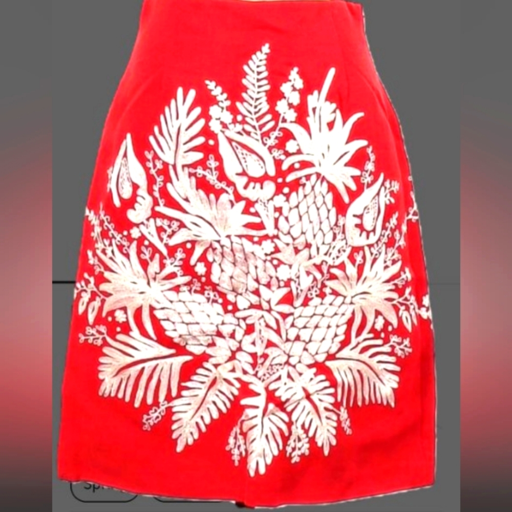 Bohemian holoday Orange/red mini  skirt with white embroidered detail